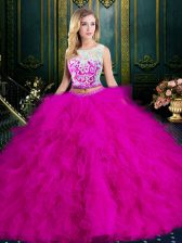  Fuchsia Ball Gowns Tulle Scoop Sleeveless Lace and Ruffles Floor Length Zipper Vestidos de Quinceanera