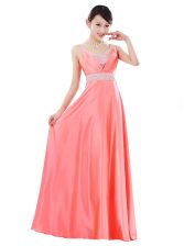 Watermelon Red V-neck Neckline Beading Prom Evening Gown Sleeveless Zipper