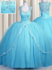  See Through With Train Ball Gowns Cap Sleeves Baby Blue Quinceanera Gowns Brush Train Zipper