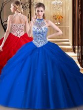  Halter Top Pick Ups Royal Blue Sleeveless Tulle Brush Train Lace Up Quinceanera Gowns for Military Ball and Sweet 16 and Quinceanera