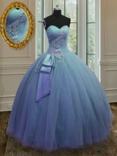  Blue Tulle and Sequined Lace Up Sweetheart Sleeveless Floor Length 15th Birthday Dress Beading and Ruching