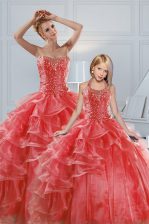 Amazing Coral Red Ball Gowns Organza Sweetheart Sleeveless Beading and Ruffled Layers Floor Length Lace Up Quince Ball Gowns