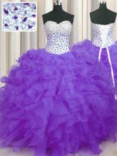 Best Lavender Sweet 16 Dress Military Ball and Sweet 16 and Quinceanera with Beading and Ruffles Sweetheart Sleeveless Lace Up