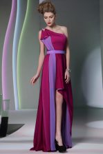  One Shoulder Burgundy Chiffon Side Zipper Prom Party Dress Sleeveless High Low Beading and Sashes ribbons