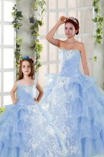 Low Price Organza Strapless Sleeveless Lace Up Embroidery and Ruffled Layers Ball Gown Prom Dress in Blue