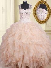  Straps Floor Length Ball Gowns Cap Sleeves Pink Ball Gown Prom Dress Zipper