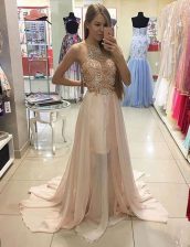 Delicate Chiffon Scoop Sleeveless Brush Train Zipper Beading Prom Gown in Champagne