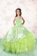  Sleeveless Organza Floor Length Lace Up Kids Formal Wear in Yellow Green with Embroidery and Ruffled Layers