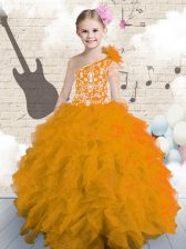  Orange Kids Formal Wear Party and Wedding Party with Embroidery and Ruffles and Hand Made Flower One Shoulder Sleeveless Lace Up
