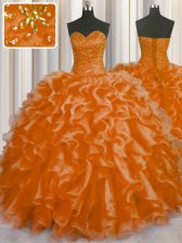Modest Floor Length Lace Up 15th Birthday Dress Orange Red for Military Ball and Sweet 16 and Quinceanera with Beading and Ruffles