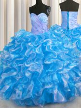  Ball Gowns Quinceanera Gowns Blue And White Sweetheart Organza Sleeveless Floor Length Lace Up