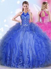  Halter Top Tulle Sleeveless Floor Length 15th Birthday Dress and Appliques and Ruffles
