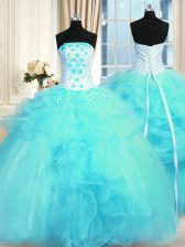  Floor Length Aqua Blue Quinceanera Dresses Tulle Sleeveless Pick Ups and Hand Made Flower