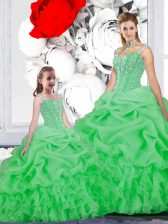 Spectacular Straps Sleeveless Sweet 16 Dresses Floor Length Beading and Ruffles and Pick Ups Green Organza