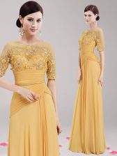 Modern Scoop Half Sleeves Floor Length Zipper Evening Dress Gold for Prom with Appliques and Belt