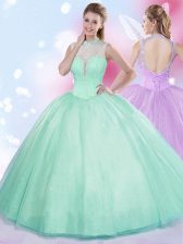 Hot Selling Apple Green Ball Gowns High-neck Sleeveless Tulle Floor Length Lace Up Beading Quinceanera Dress