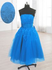 Unique Knee Length Blue Prom Gown Organza Sleeveless Embroidery