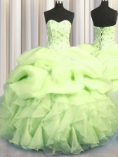  Visible Boning Organza Sweetheart Sleeveless Lace Up Beading and Ruffles and Pick Ups 15 Quinceanera Dress in Yellow Green