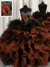  Sleeveless Floor Length Beading and Ruffles Lace Up Quinceanera Dress with Red And Black