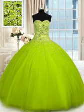  Olive Green Tulle Lace Up Sweet 16 Dresses Sleeveless Floor Length Beading