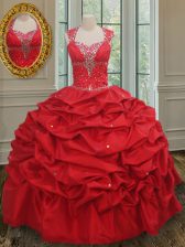 Most Popular Straps Cap Sleeves Floor Length Beading and Pick Ups Lace Up Quinceanera Gowns with Red