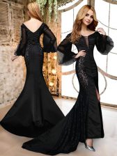 Superior Black Mermaid Satin and Lace V-neck Long Sleeves Lace With Train Zipper Prom Dresses Brush Train