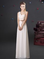 White Empire One Shoulder Sleeveless Chiffon Floor Length Lace Up Lace and Appliques and Belt Dama Dress