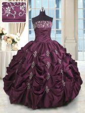 Romantic Burgundy Lace Up Sweet 16 Quinceanera Dress Beading and Appliques and Embroidery and Pick Ups Sleeveless Floor Length