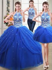 Noble Three Piece Halter Top Beading and Pick Ups Sweet 16 Dress Royal Blue Lace Up Sleeveless Floor Length