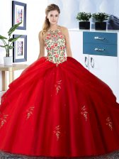  Halter Top Red Lace Up Quinceanera Gown Embroidery and Pick Ups Sleeveless Floor Length