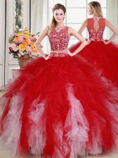 Exceptional Scoop Beading and Ruffles Ball Gown Prom Dress White and Red Zipper Sleeveless Floor Length