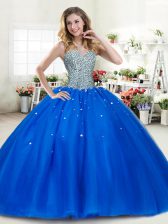  Royal Blue Tulle Lace Up Sweetheart Sleeveless Floor Length Quinceanera Dress Beading