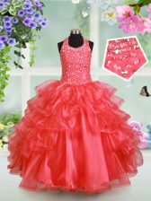 High End Halter Top Floor Length Watermelon Red Little Girls Pageant Dress Organza Sleeveless Beading and Ruffled Layers