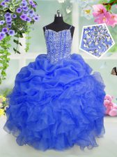 Excellent Baby Blue Spaghetti Straps Lace Up Beading and Ruffles and Pick Ups Kids Formal Wear Sleeveless
