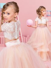  Scoop Clasp Handle Peach Short Sleeves Lace and Ruffles Floor Length Toddler Flower Girl Dress