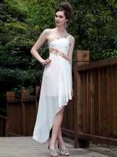  One Shoulder White Sleeveless Ankle Length Appliques Side Zipper Prom Dresses