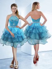  Baby Blue A-line Halter Top Sleeveless Organza Tea Length Zipper Beading and Ruffled Layers Prom Evening Gown