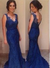 Mermaid Royal Blue Sleeveless Lace Court Train Backless Dress for Prom for Prom and Party