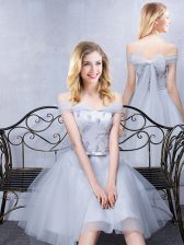 Admirable Short Sleeves Off The Shoulder Sleeveless Lace Up Dama Dress for Quinceanera Grey Tulle