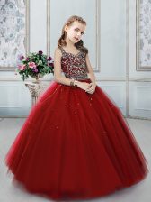 Cute Wine Red Ball Gowns Tulle Straps Sleeveless Beading Floor Length Lace Up Pageant Gowns For Girls