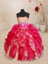 Glorious Red Organza Lace Up Little Girl Pageant Gowns Sleeveless Floor Length Beading and Ruffles