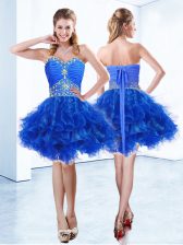  Royal Blue A-line Ruffles and Ruching Prom Party Dress Lace Up Organza Sleeveless Knee Length
