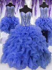  Four Piece Sequins Ball Gowns Sweet 16 Quinceanera Dress Royal Blue Sweetheart Organza Sleeveless Floor Length Lace Up