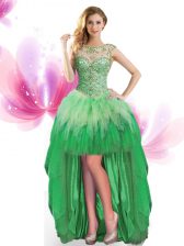 Custom Designed Scoop Green Sleeveless High Low Beading and Ruffles Lace Up Prom Evening Gown