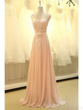 Inexpensive Scoop Peach Dress for Prom Organza Sweep Train Sleeveless Lace and Belt