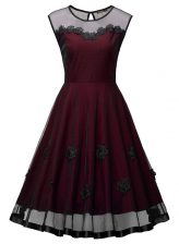  Burgundy Organza Side Zipper Scoop Sleeveless Ankle Length Prom Evening Gown Embroidery
