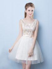Sumptuous Square Sequins Mini Length A-line Sleeveless Champagne Dama Dress Lace Up