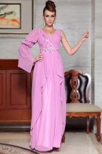 Luxurious Lilac Long Sleeves Ankle Length Beading and Ruching and Pattern Side Zipper Prom Dress