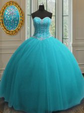  Aqua Blue Ball Gowns Tulle Sweetheart Sleeveless Beading Floor Length Lace Up Ball Gown Prom Dress