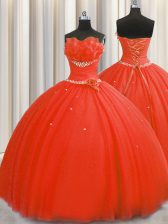  Handcrafted Flower Tulle Strapless Sleeveless Lace Up Beading and Sequins and Hand Made Flower 15 Quinceanera Dress in Coral Red